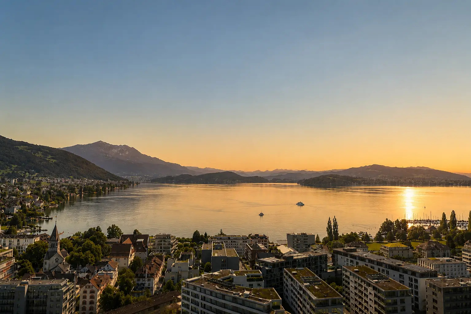 Hochzeit Park Tower Zug Panoramablick über den Zugersee bei Sonnenuntergang – Fotoatelier Mariano