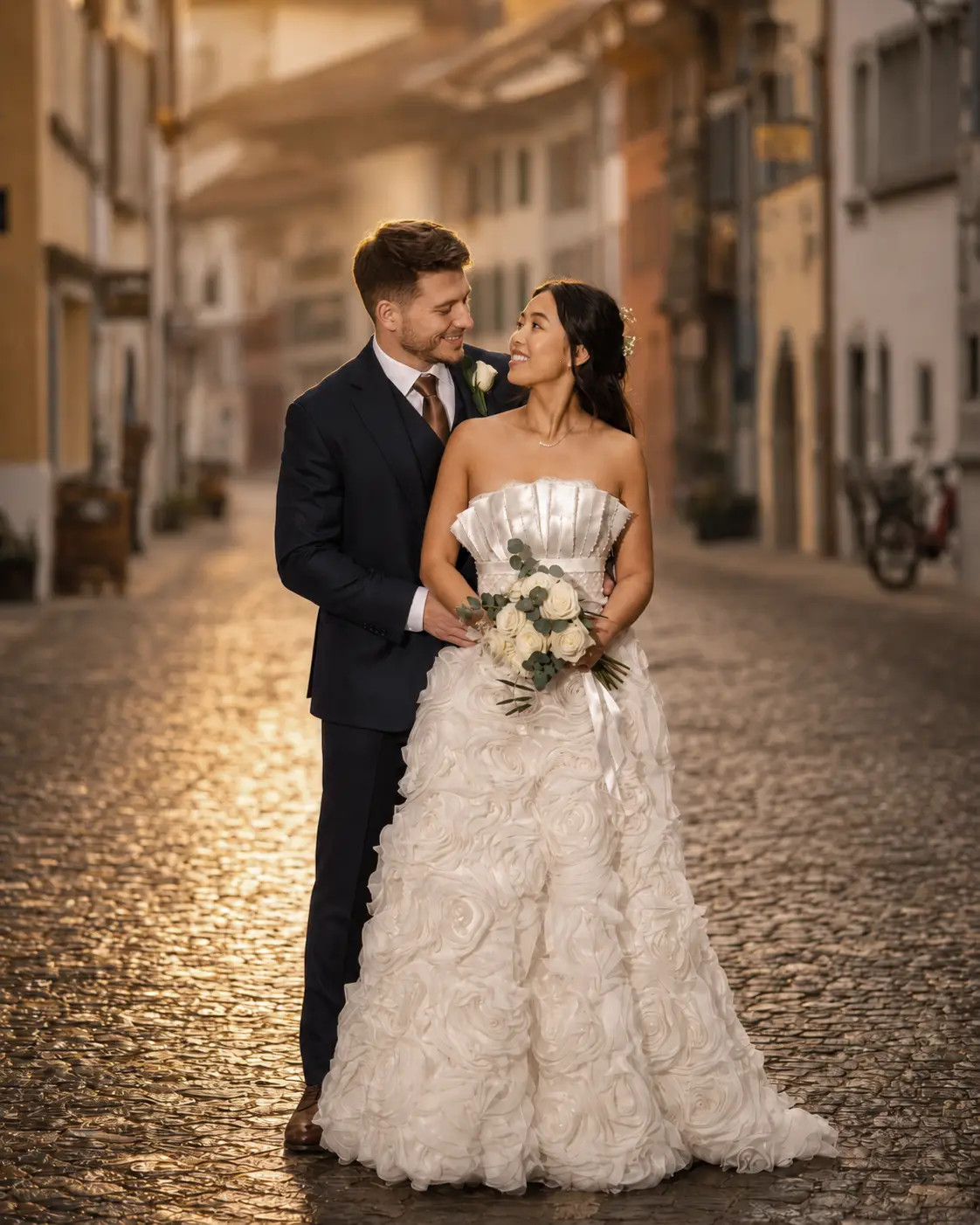 Hochzeit Rathaus Zug Brautpaar in der Altstadt bei goldener Stunde Fotoreportage – Fotoatelier Mariano
