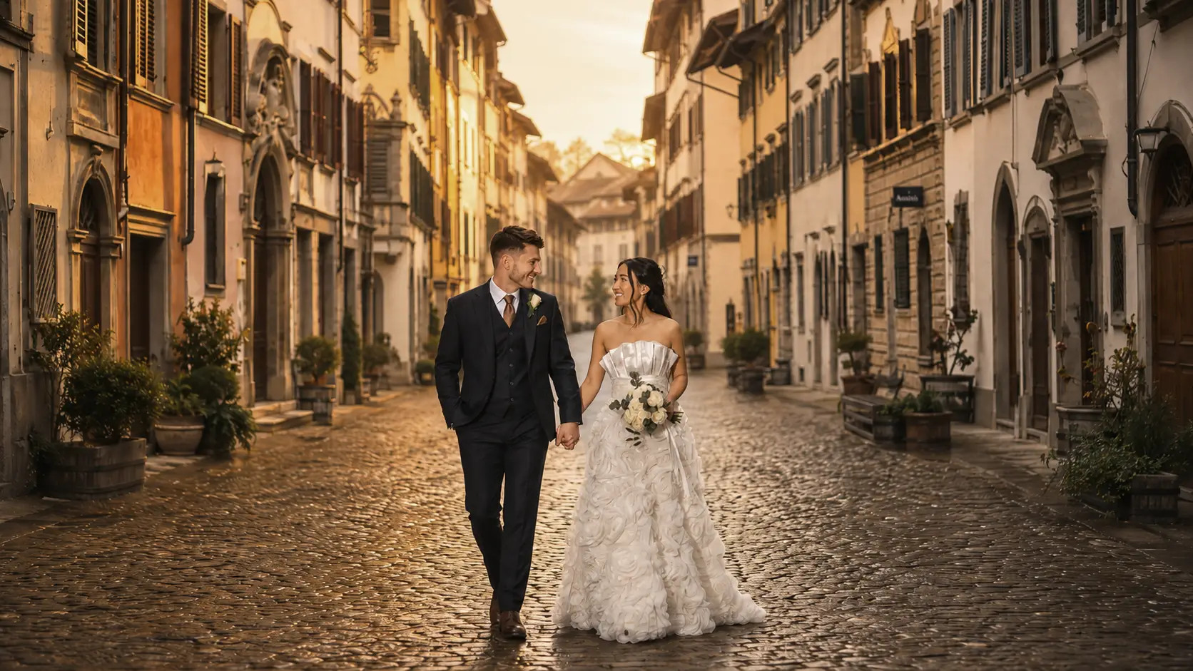 Hochzeit Rathaus Zug Brautpaar Spaziergang durch die Altstadt Gassen bei Sonnenuntergang – Fotoatelier Mariano