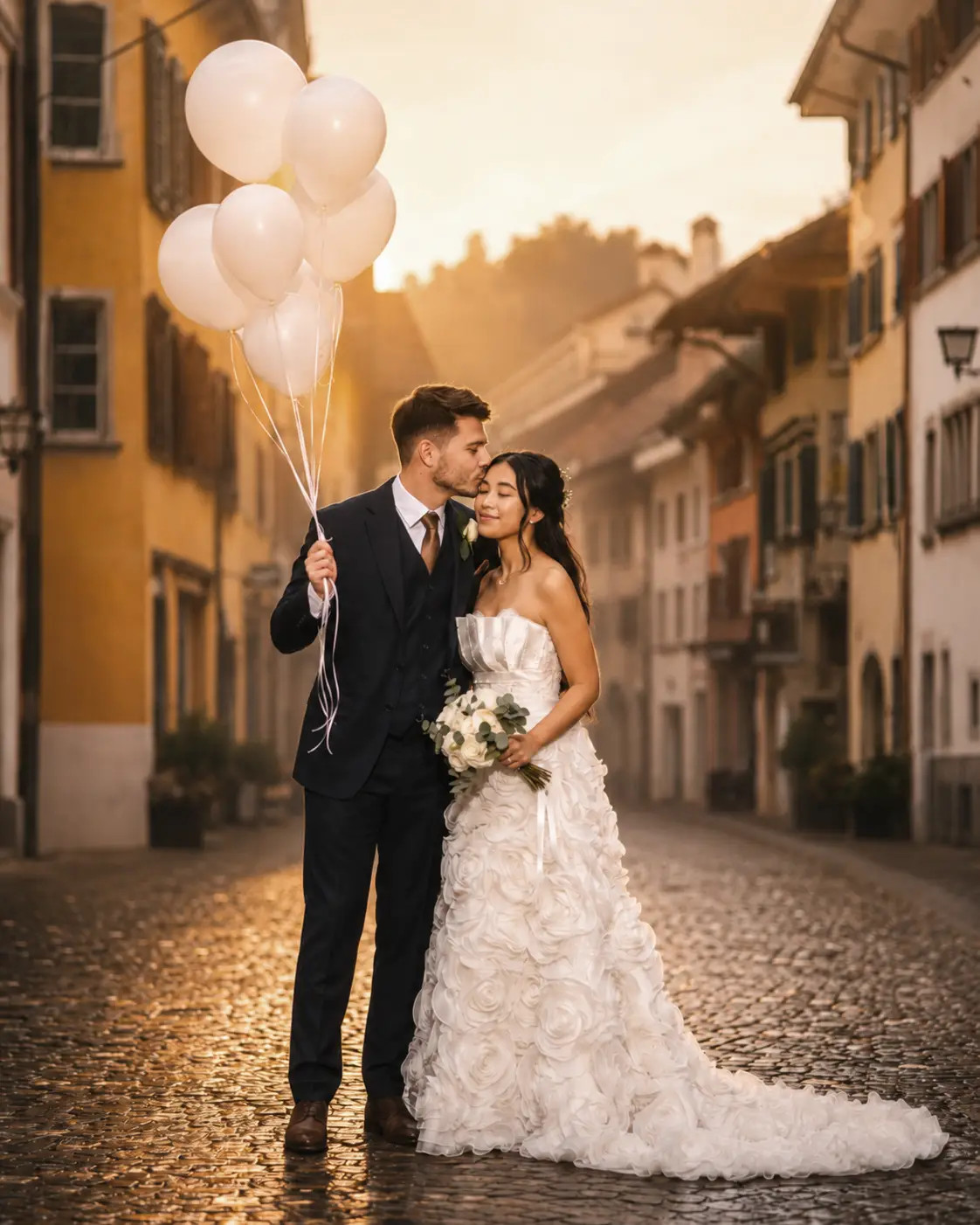 Hochzeit Rathaus Zug Bräutigam küsst Braut mit weissen Ballons in der Altstadt – Fotoatelier Mariano