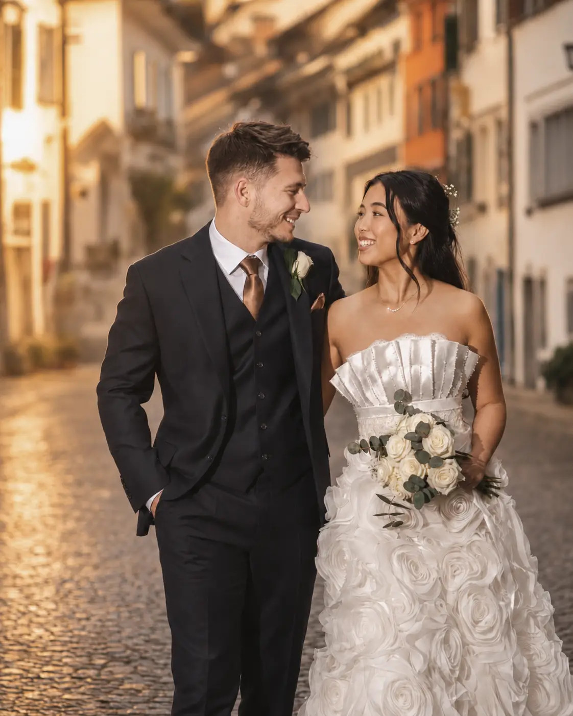 Hochzeit Rathaus Zug Brautpaar in der Altstadt bei goldener Stunde Fotoreportage – Fotoatelier Mariano