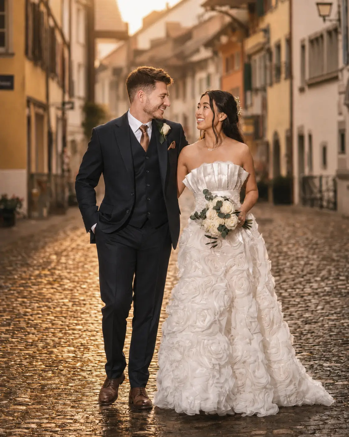 Hochzeit Rathaus Zug Brautpaar lächelnd in der Altstadt goldene Stunde – Fotoatelier Mariano