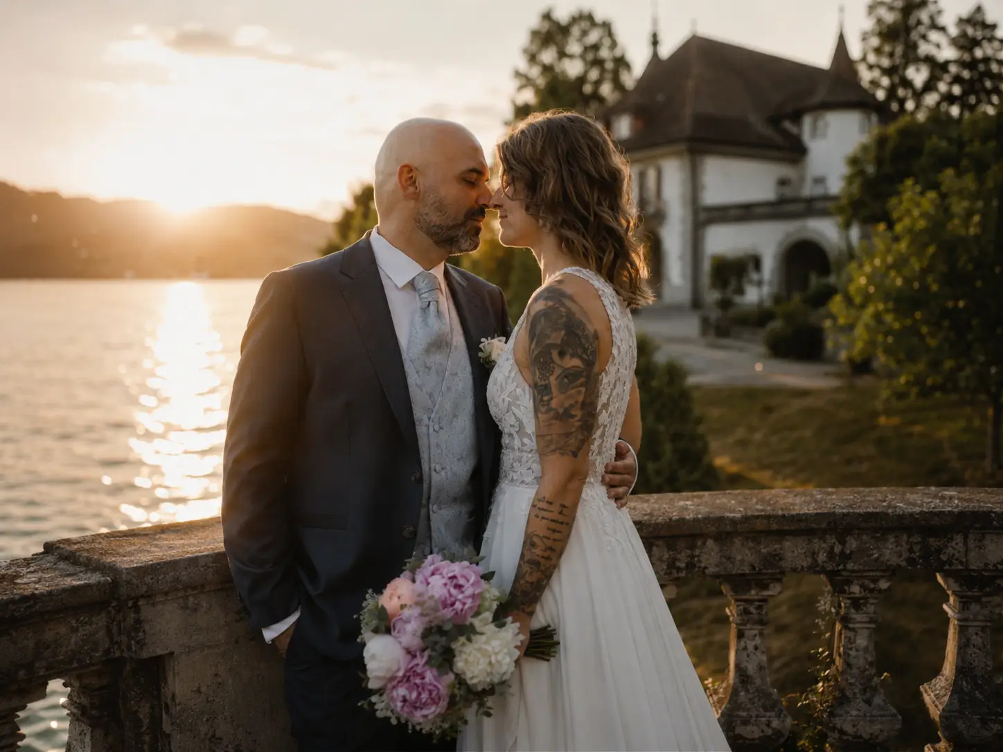 Hochzeit Schloss Au Bräutigam hebt Braut Kleid im Wind am Zürichsee – Fotoatelier Mariano