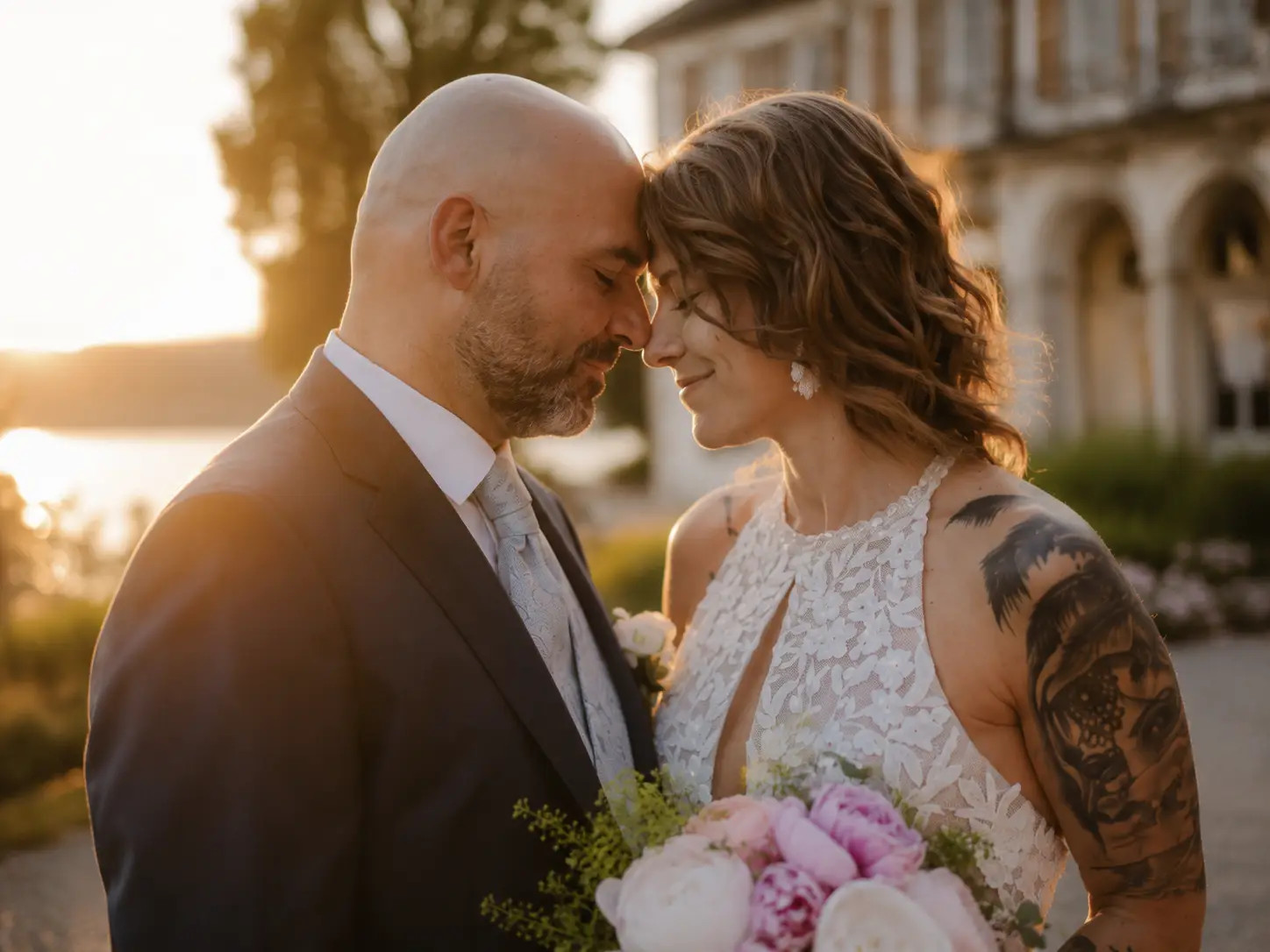 Hochzeit Schloss Au Brautpaar in der goldenen Stunde im Park – Fotoatelier Mariano