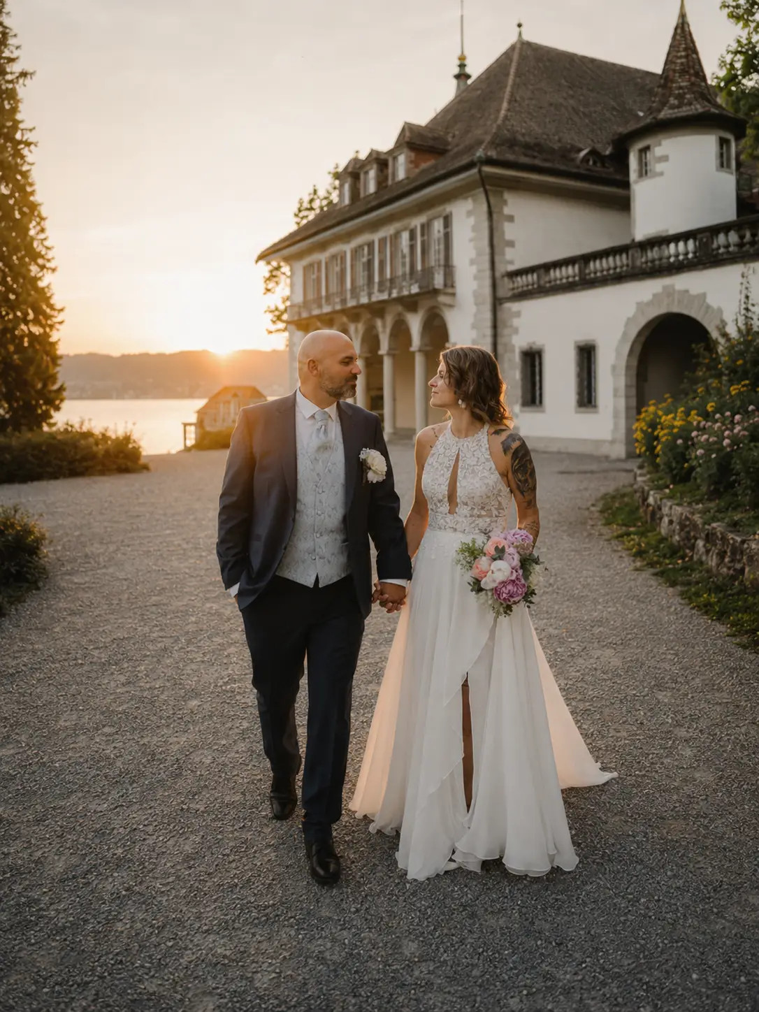 Hochzeit Schloss Au Brautpaar vor dem Schloss bei Sonnenuntergang Zürichsee – Fotoatelier Mariano
