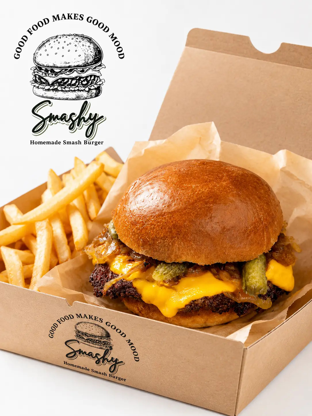 Homemade Smash Burger mit Cheddar, karamellisierten Zwiebeln und Pommes Frites in einer Burgerbox fotografiert für professionelle Foodfotografie.