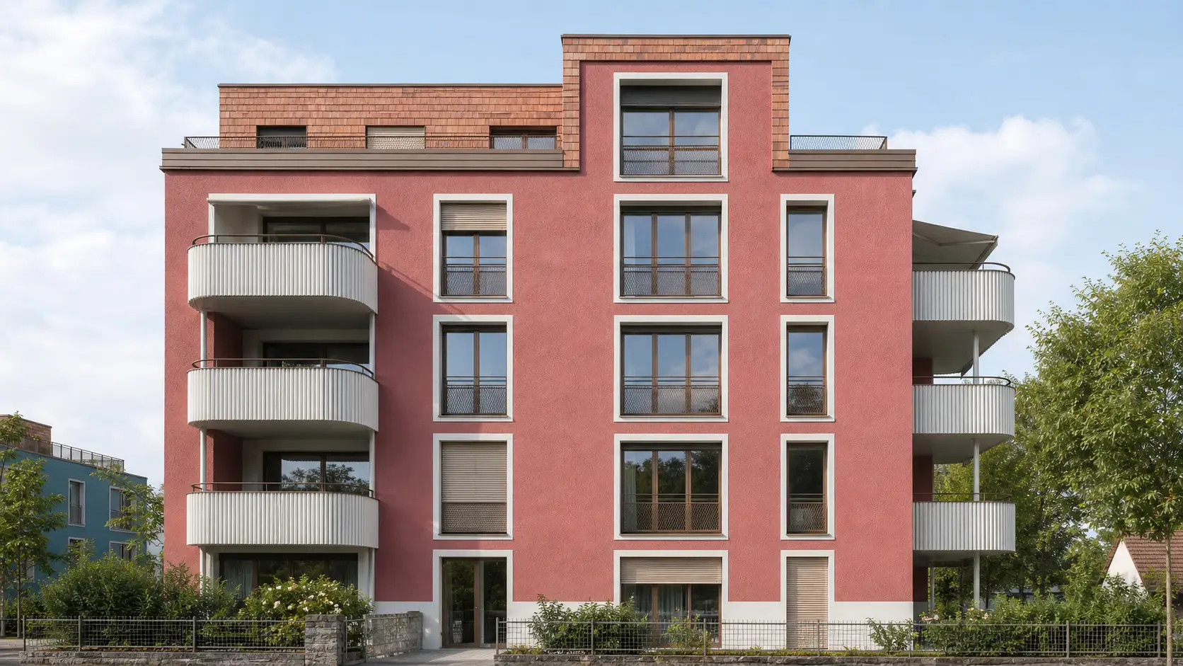 Professionelle Architekturfotografie eines modernen Mehrfamilienhauses der Wohnsiedlung Milchstrasse in Seewen Schwyz