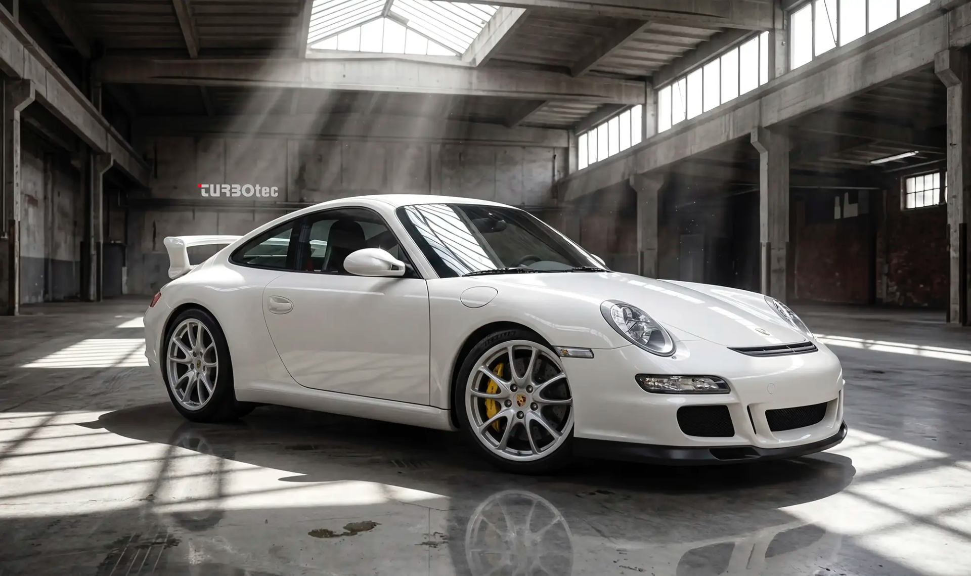 Weisser Porsche 911 GT3 in industrieller Halle als Beispiel für professionelle Fahrzeugfotografie