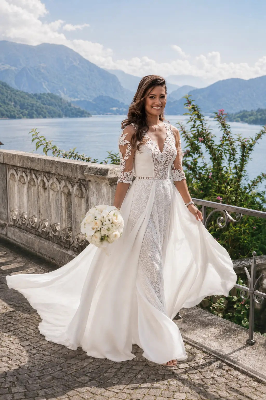 Braut im Hochzeitskleid auf der Terrasse von Schloss Meggenhorn mit Blick auf den Vierwaldstättersee