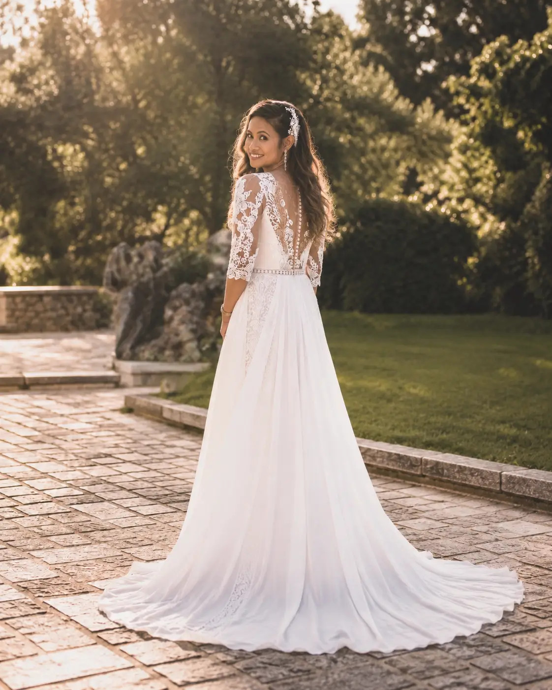 Braut von hinten mit langem Hochzeitskleid im Garten von Schloss Meggenhorn