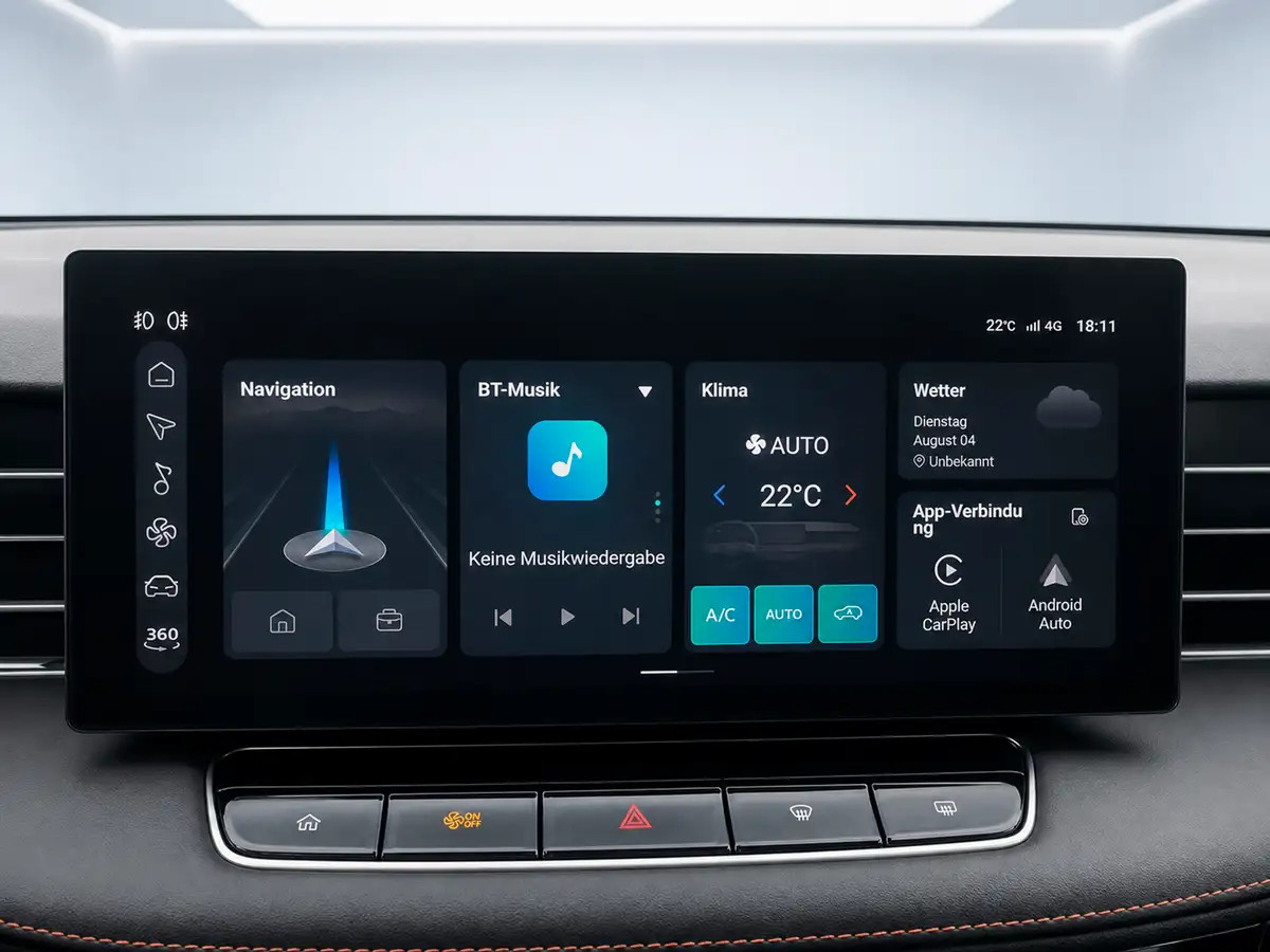 Infotainment-Display eines weissen SUV als Detailfoto für den Fahrzeugverkauf