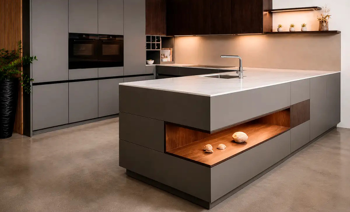 Moderne Kücheninsel mit dunklen Fronten und Holzdetails im Showroom von Holzgang Küchen AG