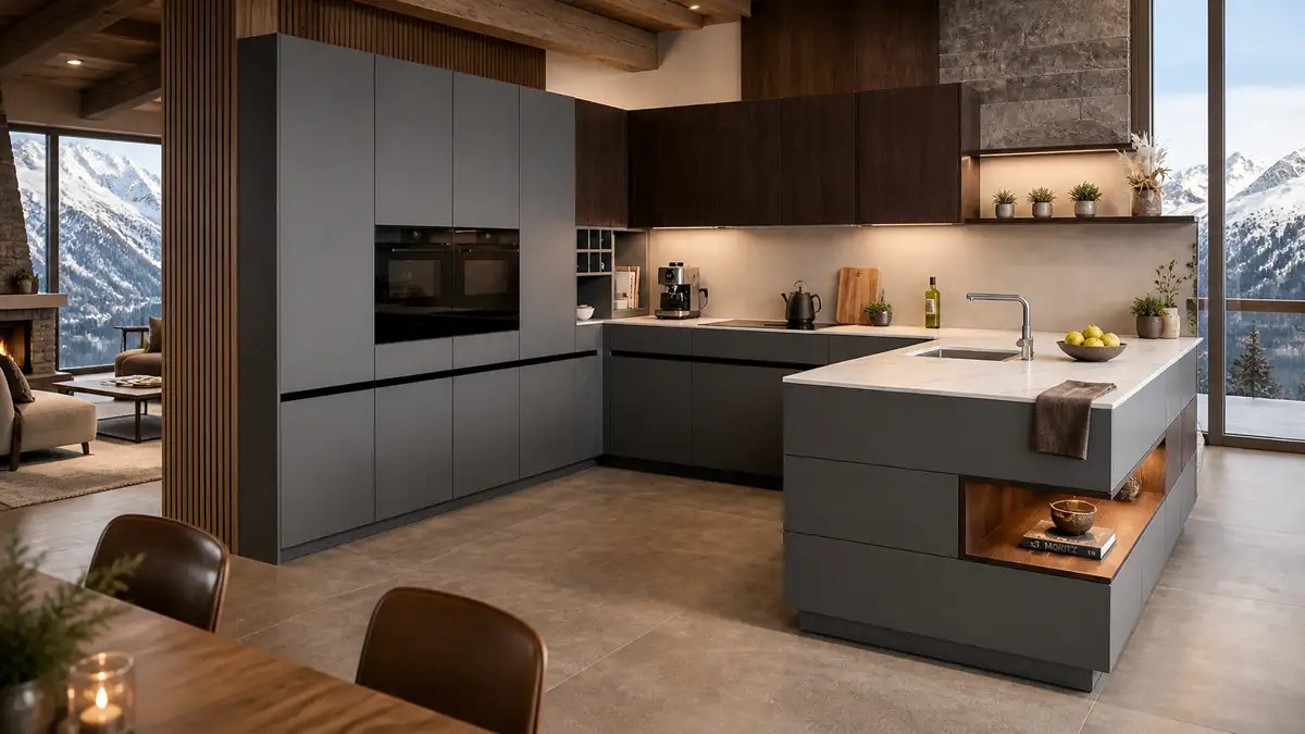 Alpine Raumvisualisierung einer modernen Küche mit Holz, Stein und Bergblick