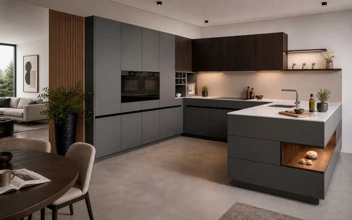 Moderne Interior-Visualisierung einer Küche mit Wohnbereich und präziser Lichtführung