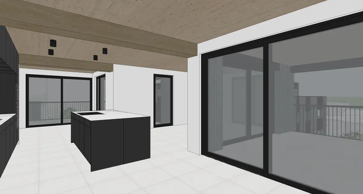 Technische 3D-Ansicht einer zukünftigen Wohnung mit Küche, Fensterfront und Loggia vor der fotorealistischen Ausarbeitung