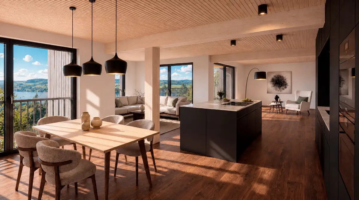 Fotorealistische Innenraumvisualisierung einer Wohnung mit Holzboden, Küche, Essbereich und Seeblick