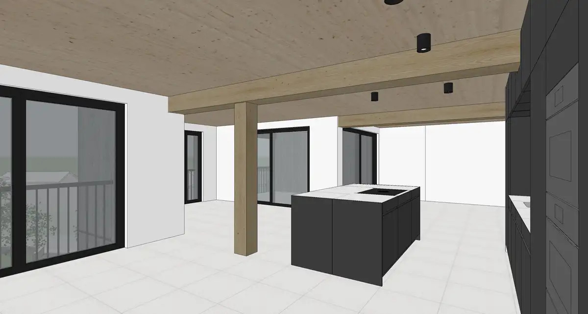 Technische 3D-Visualisierung eines Wohn- und Küchenbereichs als Ausgangsbasis für fotorealistische Innenräume