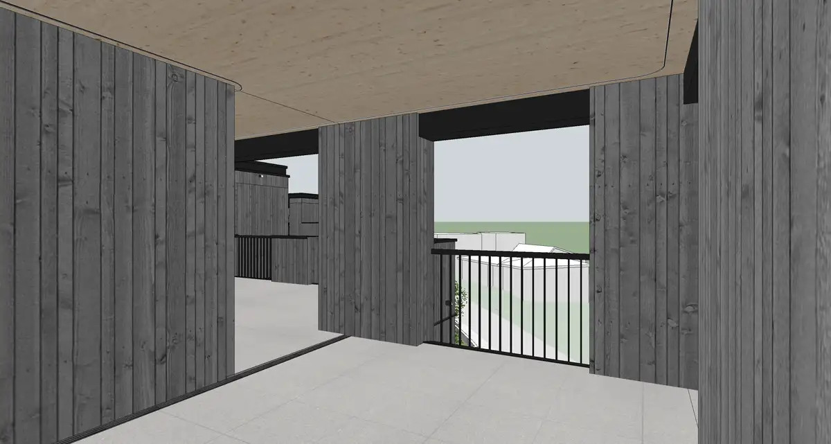 Einfache 3D-Ansicht einer Loggia mit Holzfassade als Basis für eine hochwertige Immobilienvisualisierung
