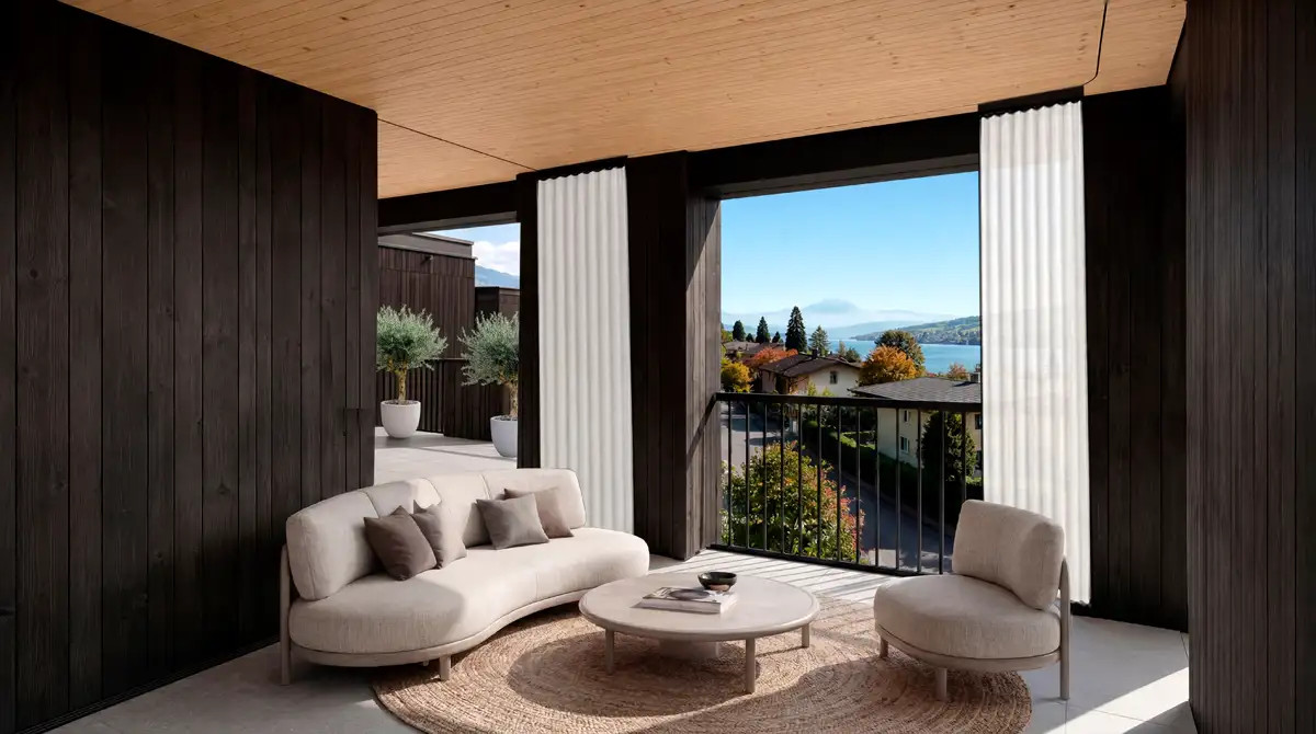 Fotorealistische Visualisierung eines Wohnbereichs mit Loggia, Dekoration, Vorhängen und Blick nach aussen