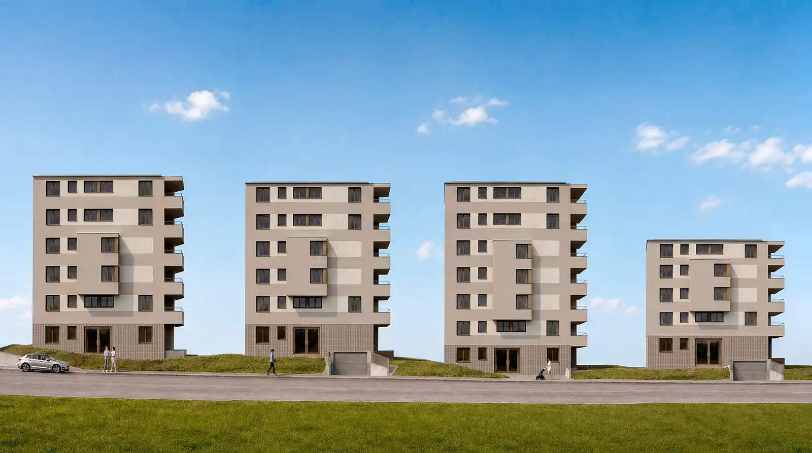 Fotorealistische Fassadenvisualisierung der vier Wohnhäuser am Reutlenring in Kloten.