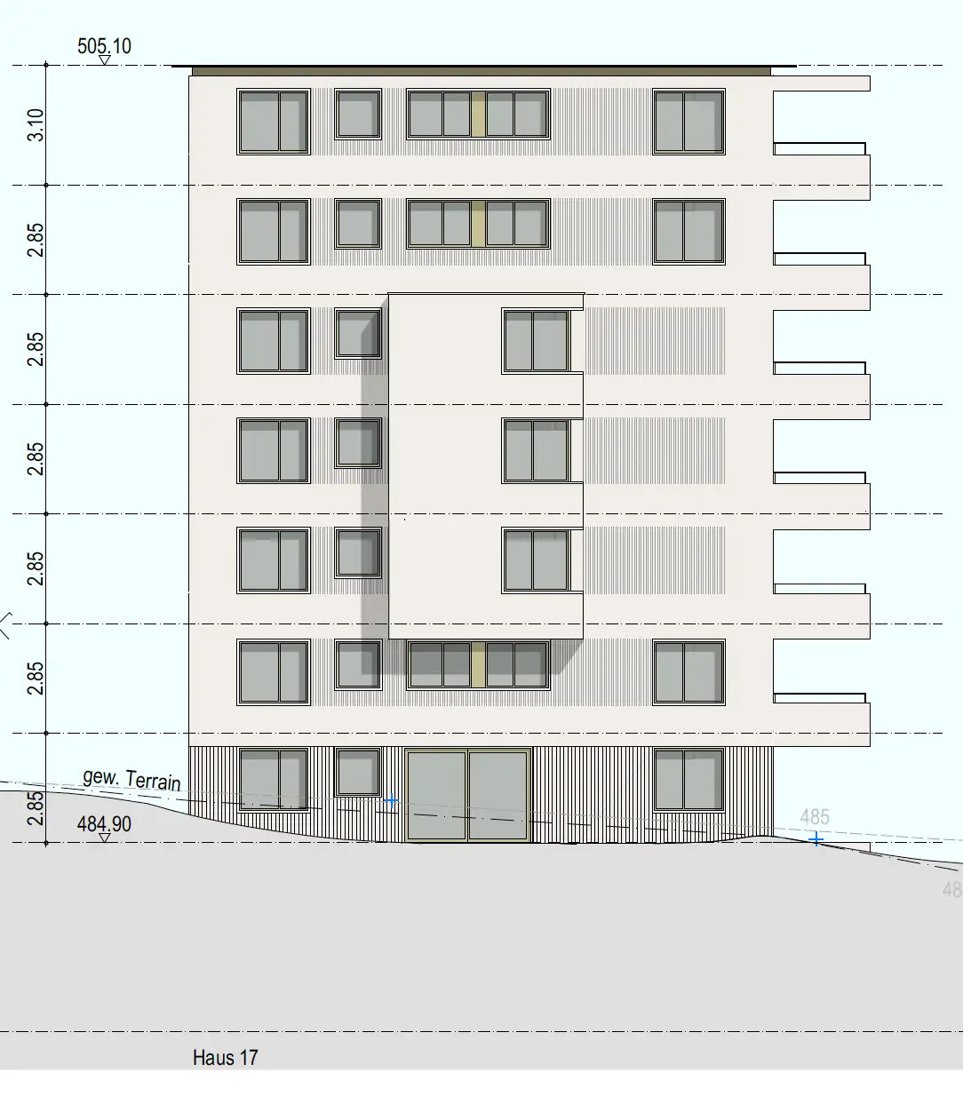 Technischer Fassadenplan von Haus 17 als Grundlage für die Visualisierung in Kloten.