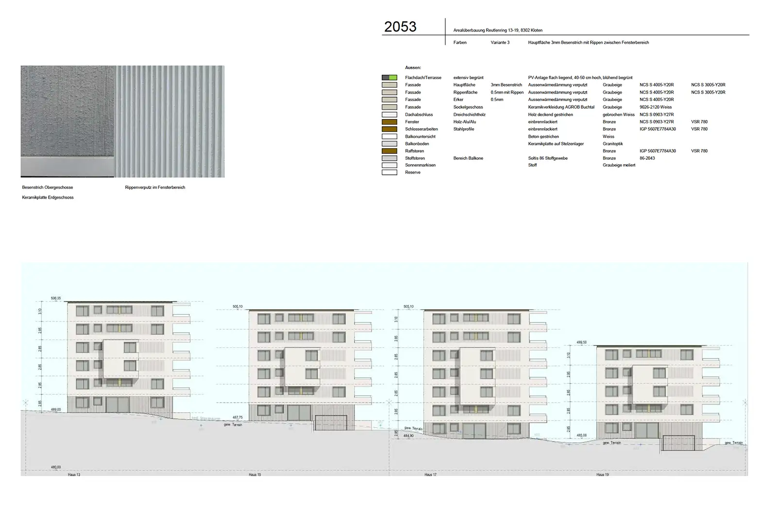 Materialübersicht für die Fassadenvisualisierung der Arealüberbauung Reutlenring in Kloten.