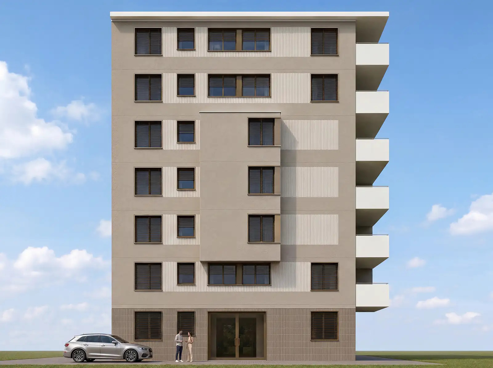 Graubeige Fassadenvariante mit hellen Akzentflächen für die Arealüberbauung Reutlenring.
