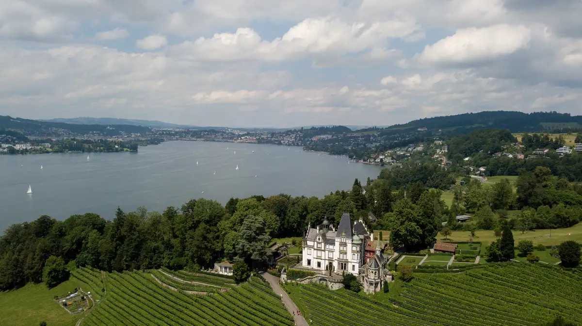 Drohnenaufnahme von Schloss Meggenhorn mit Vierwaldstättersee und Landschaft bei Luzern