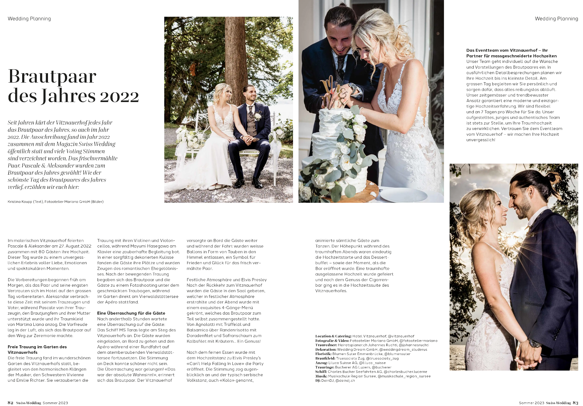 Artikel in Swiss Wedding über Pascale und Aleksandar als Brautpaar des Jahres 2022 im Hotel Vitznauerhof in Vitznau.